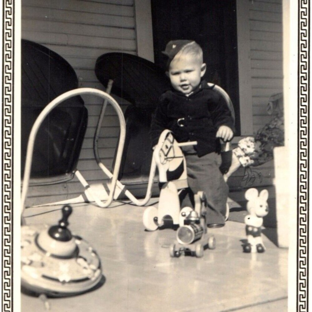 Boy Toys Military Hat Mickey Mouse Original Found Photo Vintage Photograph 40s